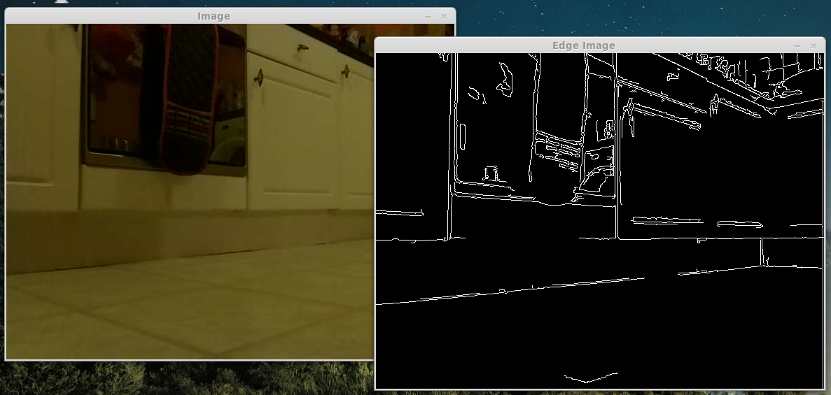 The result of running edge detection on a camera image from the Raspberry Pi robot